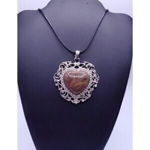 Crazy Lace Agate Heart Necklace Filigree Pendant Black Cord Statement